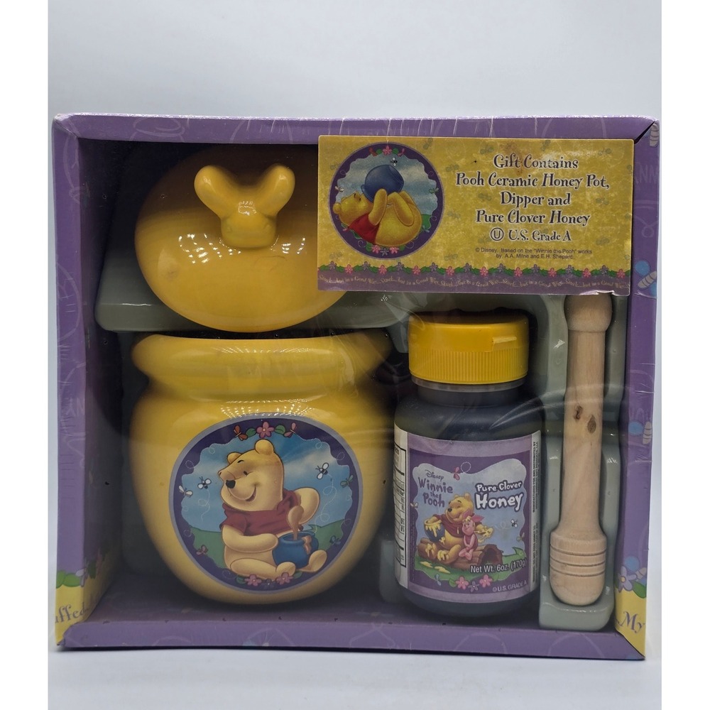 Vintage Y2K Disney Winnie the Pooh Ceramic Honey Pot Dipper Honey Gift Set NIB
